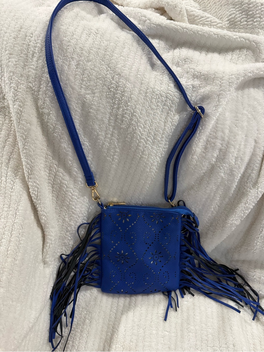 Royal Blue Fringe Crossbody Bag with Laser-Cut Detail